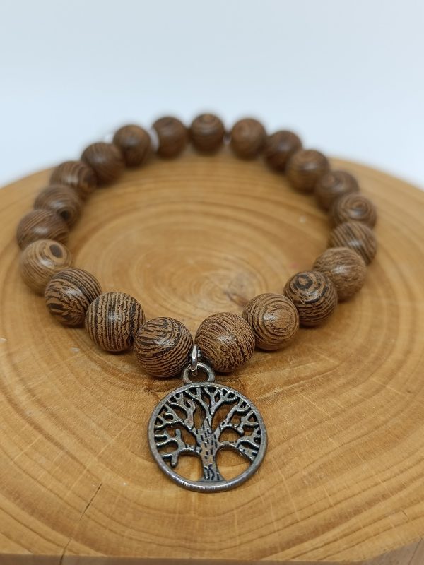 Houten mala armband met Levensbooms-bedeltje